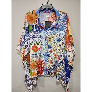 John Mark NWT Poncho Tunic Blouse Women's 2x/3x Button-up Floral Boho Hippie New